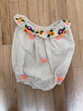 Kids Floral Embroidered Cream Ruffle Onesie 2T